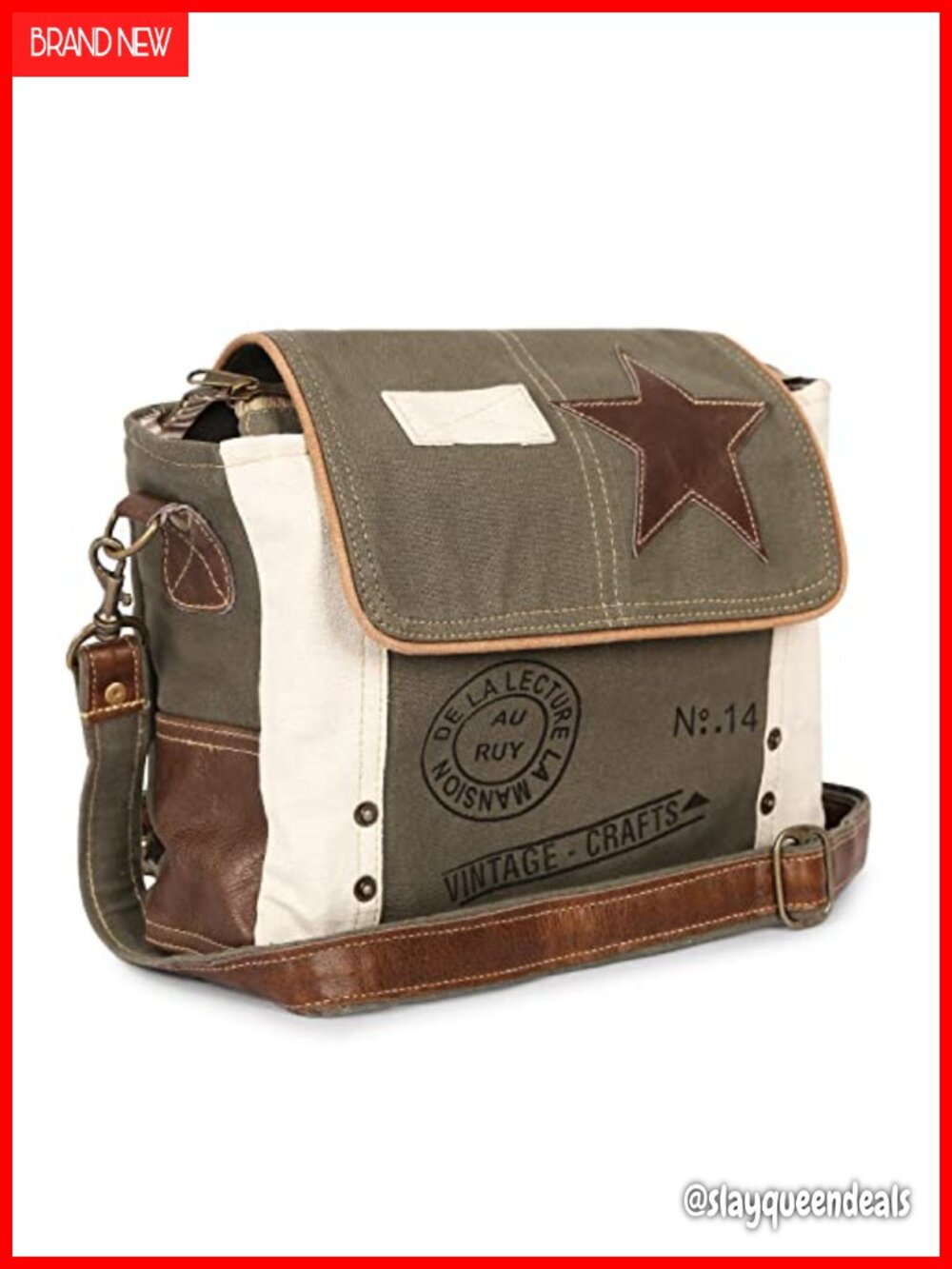12 In Canvas Messenger Crossbody Bag Leather Trim Adjustable Strap